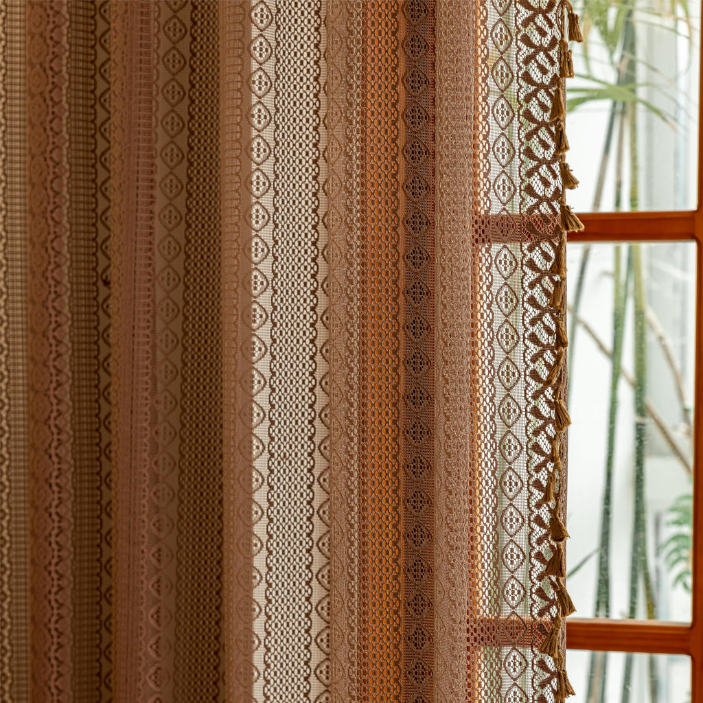 Dark Coffee Lace Boho Curtains Nursery, Crochet Semi Sheer Macrame Bohemian Cottage Farmhouse Fringes Vintage Chic