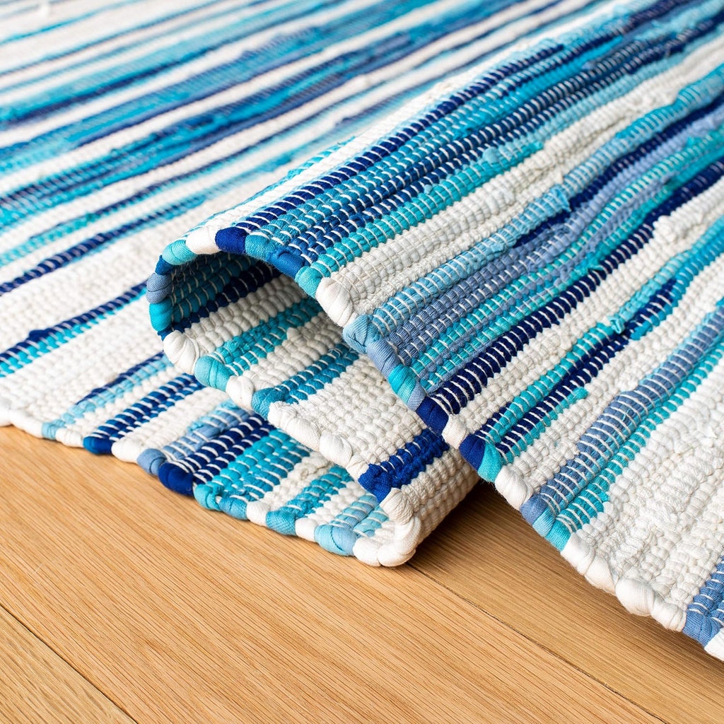 Area Rug 8x10 - Rag Collection - Large - Ivory & Blue, Handmade Cotton, Boho Stripe Pattern, Ideal, Dining Space