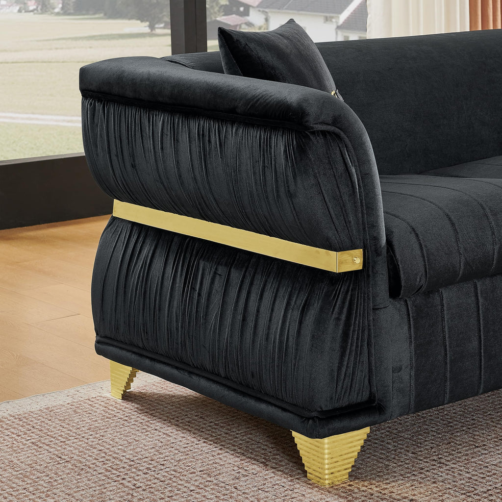 84" Luxury Oversized Chesterfield Sofa with 2 Pillow & Gold Stainless Decoration, Modern 3-Seater Couch with Rolled