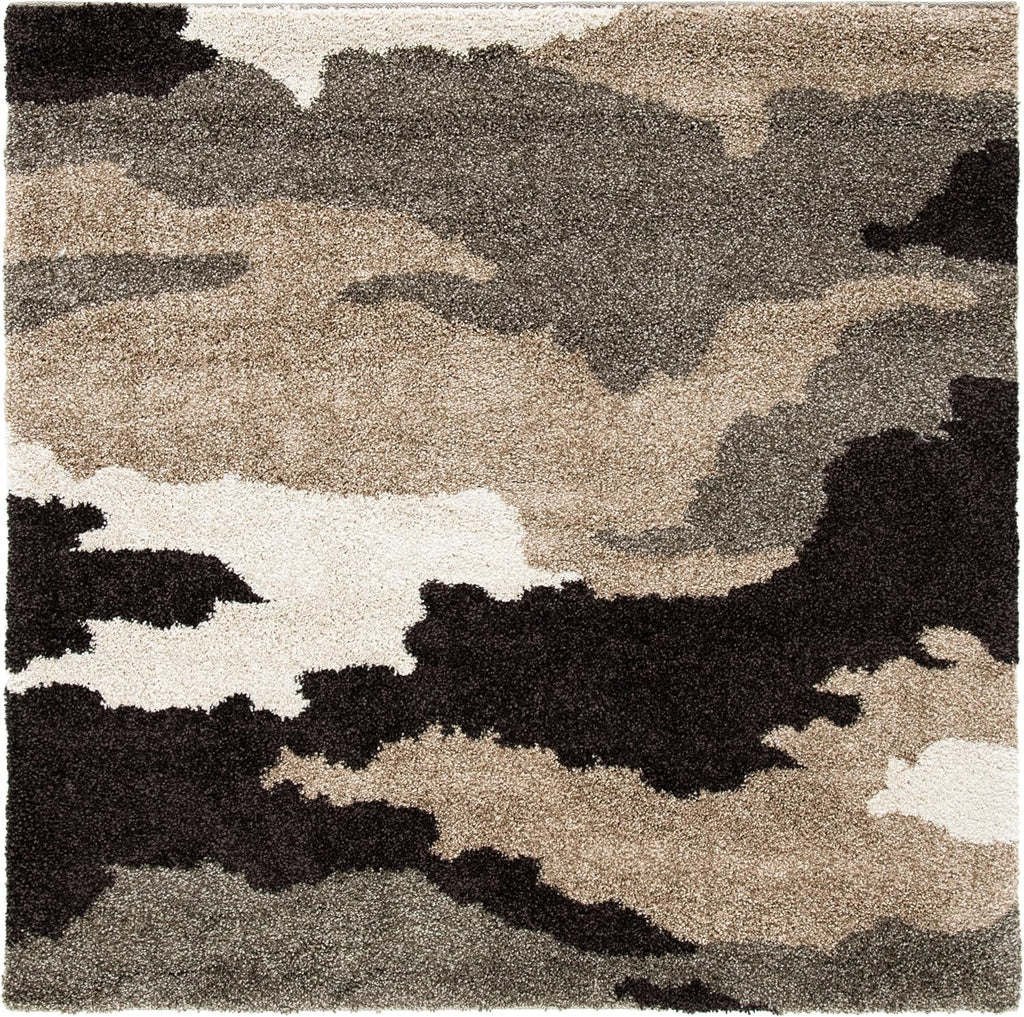 Florida Shag Collection Area Rug - 4' Square, Beige & Multi, Camouflage Design, Non-Shedding & Easy Care, 1.2-inch