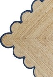 Scalloped Natural Jute Area Rug, Navy Trim, 2x3