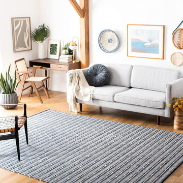 Striped Kilim Collection Area Rug - 9' x 12', Navy & Blue, Handmade Flat Weave Cotton, Ideal for High Traffic Areas