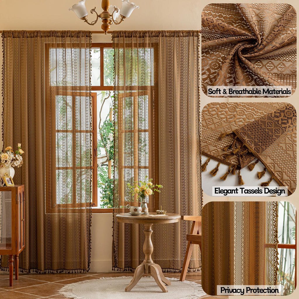 Boho Lace Sheer Curtains 2 Panel Sets Home Office, Semi Sheer Curtains Privacy Country Vintage Tassels Bohemian Style