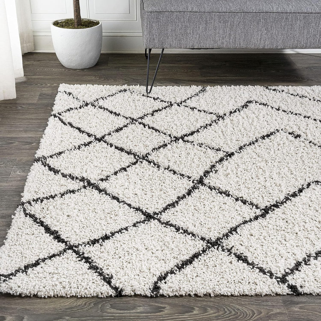 Diamond Shag Beige/Dark Gray Indoor Area Rug, Inca Moroccan, Easy-Cleaning, High Traffic, Pet-Friendly