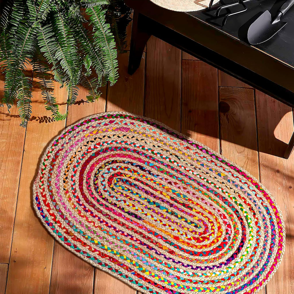 Oval Jute Cotton Chindi Rug 3x5 FT Multicolor Braided Floor Mat
