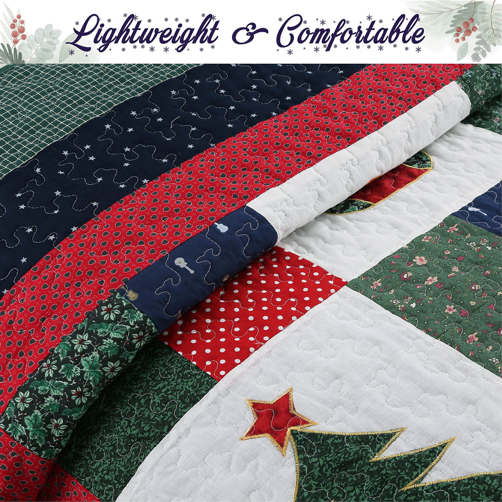 Christmas True Patchwork Wreaths Pine Tree Stockings Rustic Reversible Quilt Bedding Set, Coverlet Bedspread (Happy