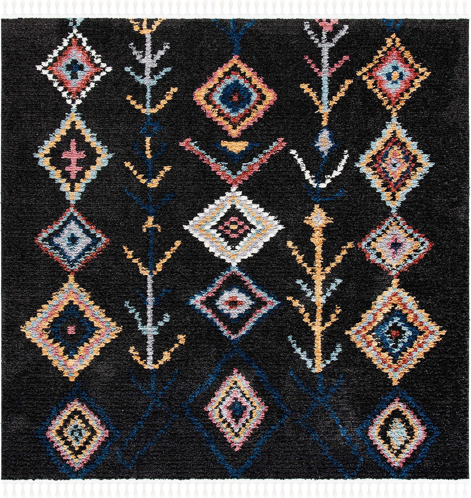 Morocco Collection Area Rug - 6'7" Square, Black & Navy, Moroccan Boho Tribal Design, Non-Shedding & Easy Care, Ideal