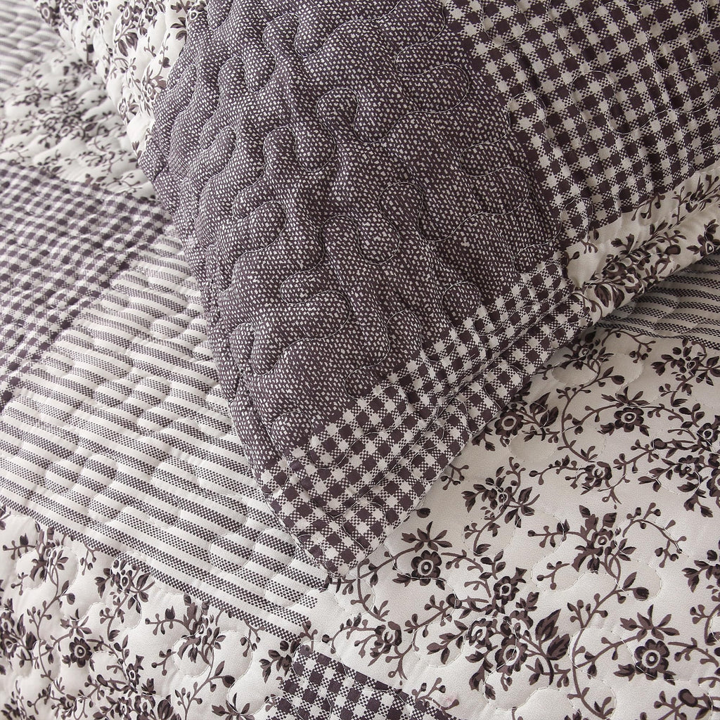 3Pcs Quilt Set, Floral Prints and Stripes with Patchwork Pattern, Soft Microfiber Lightweight Bedspread for