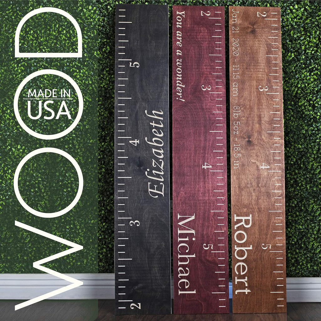 Personalized Wooden Height Growth Chart Ruler for Kids, Boys & Girls w Name | 3 Designs, 5 Various Wood Colors