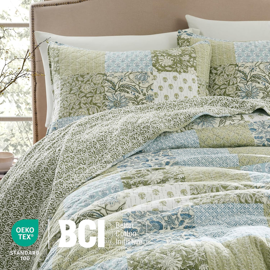 100% Cotton Reversible Patchwork Quilt Queen, Lightweight Farmhouse Vintage Shabby Chic Bedding Set with 2 Pillow
