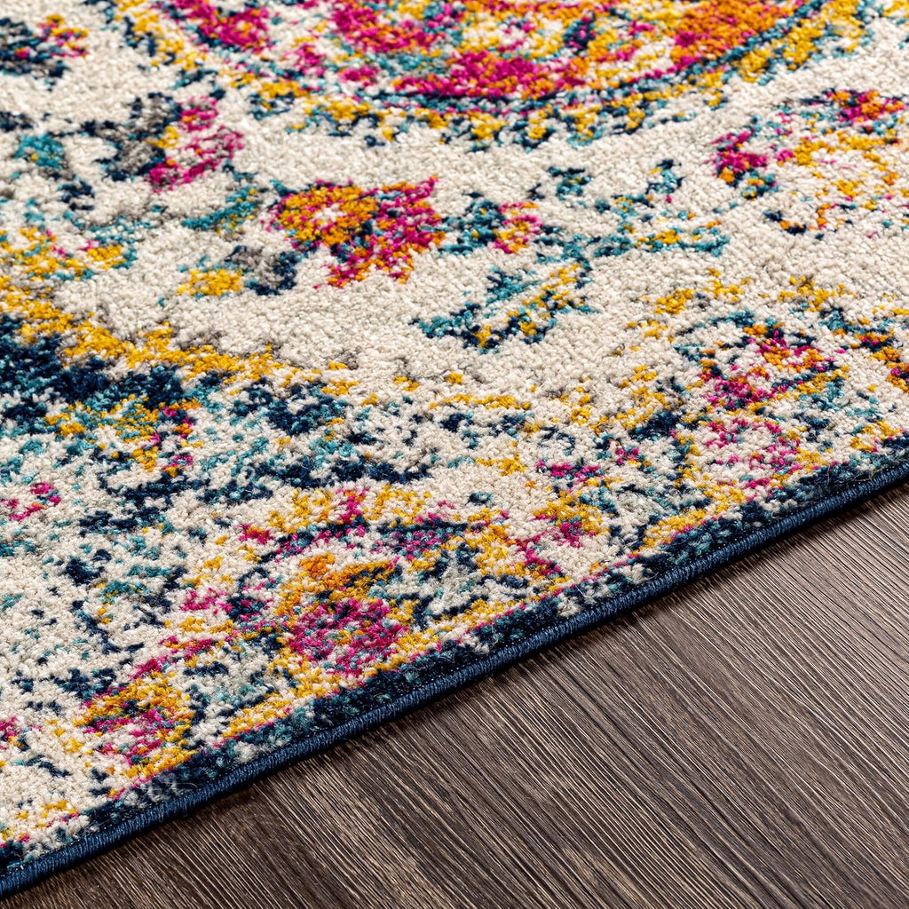 Area Rugs - 8ft Round Romaine Vintage Boho Fuchsia Mustard Blue Round Area Rug