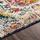 Area Rugs - 8ft Round Romaine Vintage Boho Fuchsia Mustard Blue Round Area Rug