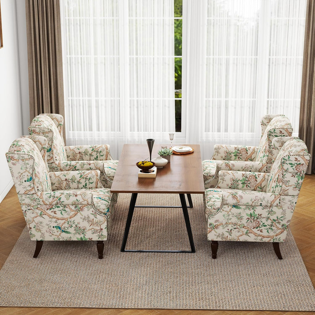 Wingback Accent Chair with Wood Legs, Bird, Set of 1 | High Back with Side Wings | Armrest Nailhead Trim | Solid Wood