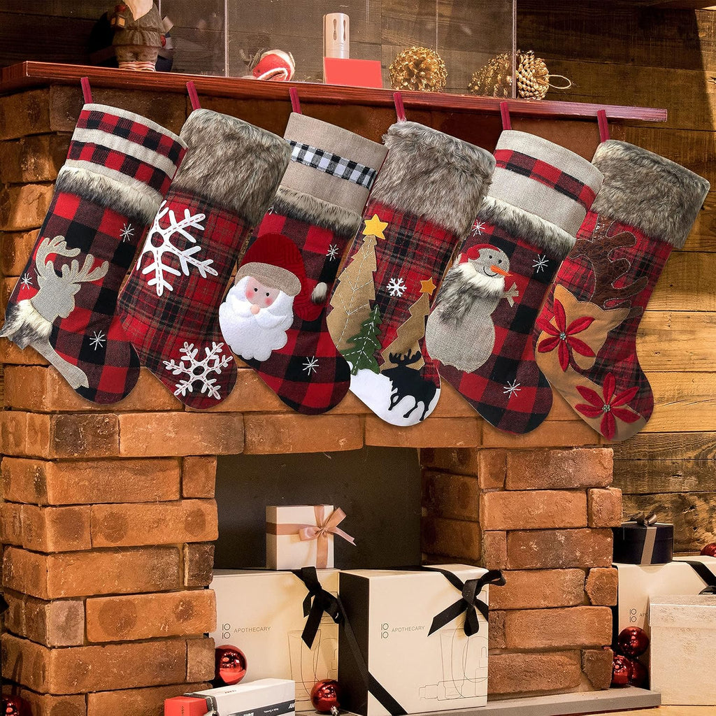 BRvieluck Christmas Stockings Set of 6 Buffalo Red Plaid with Soft Faux Fur for Family Fireplace Hanging Large 20