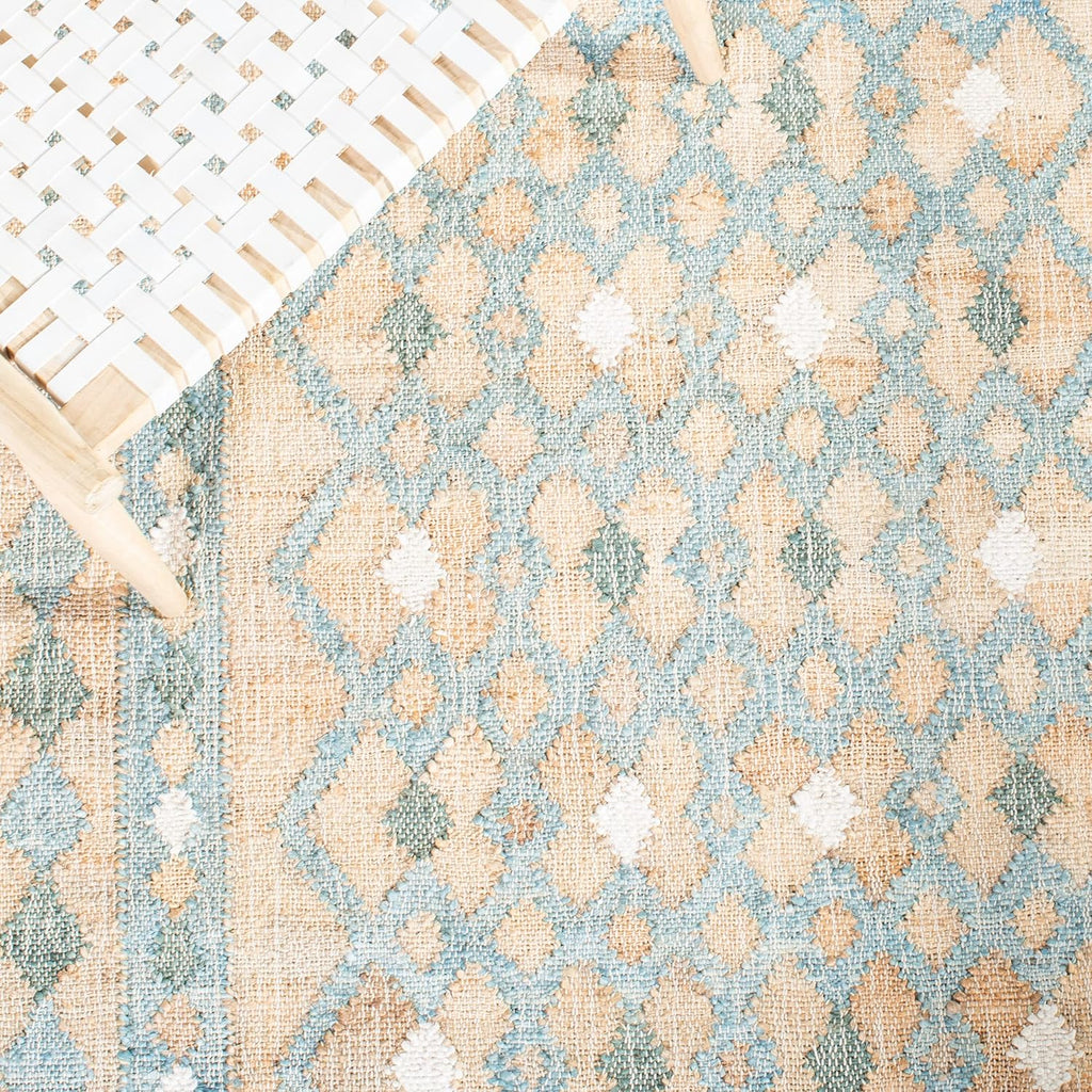 Area Rug - Kilim Collection - Large - Natural & Blue, Flat Weave Jute, Ideal, Dining Space (KLM759M)