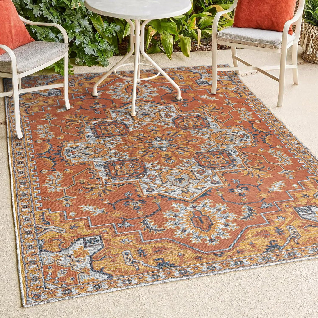 Medallion Reversible Washable Indoor Outdoor Area Rug Terra/Blue/Cream, Bijan Traditional Vintage for Backyard