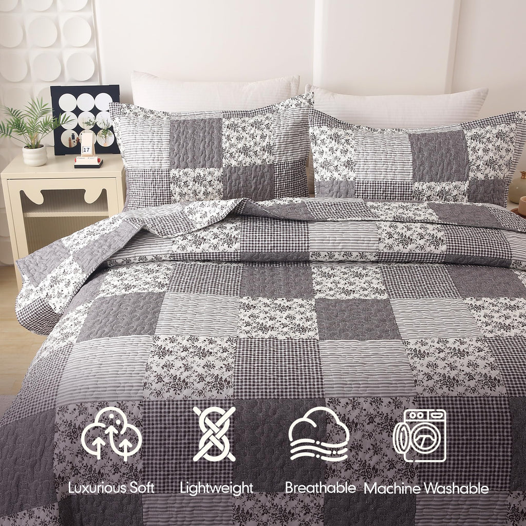 3Pcs Quilt Set, Floral Prints and Stripes with Patchwork Pattern, Soft Microfiber Lightweight Bedspread for