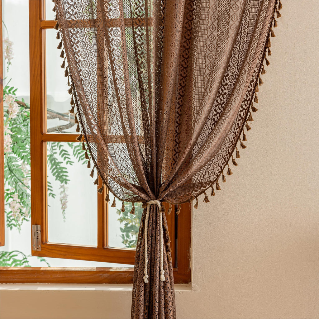 Dark Coffee Lace Boho Curtains Nursery, Crochet Semi Sheer Macrame Bohemian Cottage Farmhouse Fringes Vintage Chic