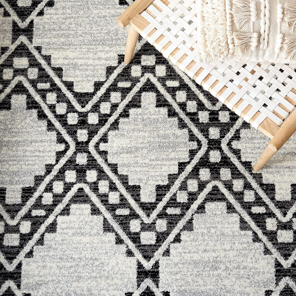 Area Rug - Tulum Collection - Large - Ivory & Black, Moroccan Boho Tribal Diamond Design, Non-Shedding & Easy to