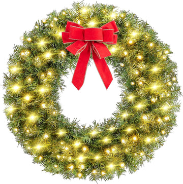 30in Large Artificial Christmas Wreath, Pre-lit Holiday Accent Decoration with Red Bow, 110 LED Lights & 300 PVC