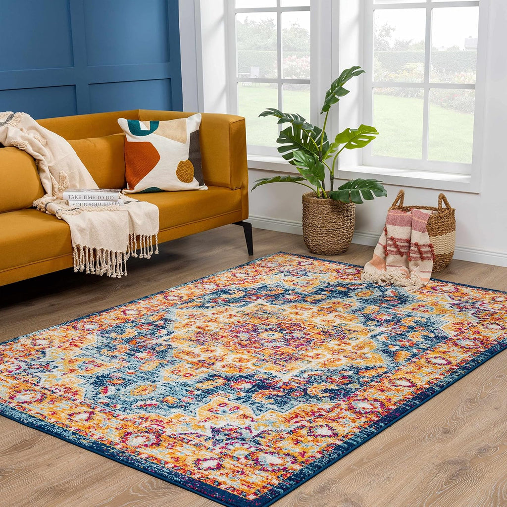 Istanbul Collection Medallion Large Area Rug Bedroom - Traditional Oriental Style - Vintage Distressed - Blue