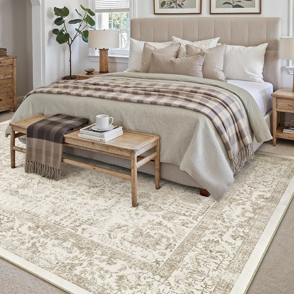 Light Brown Area Rug 9x12 Machine Washable Large Vintage Living Room Distressed Non Slip Carpet Trad