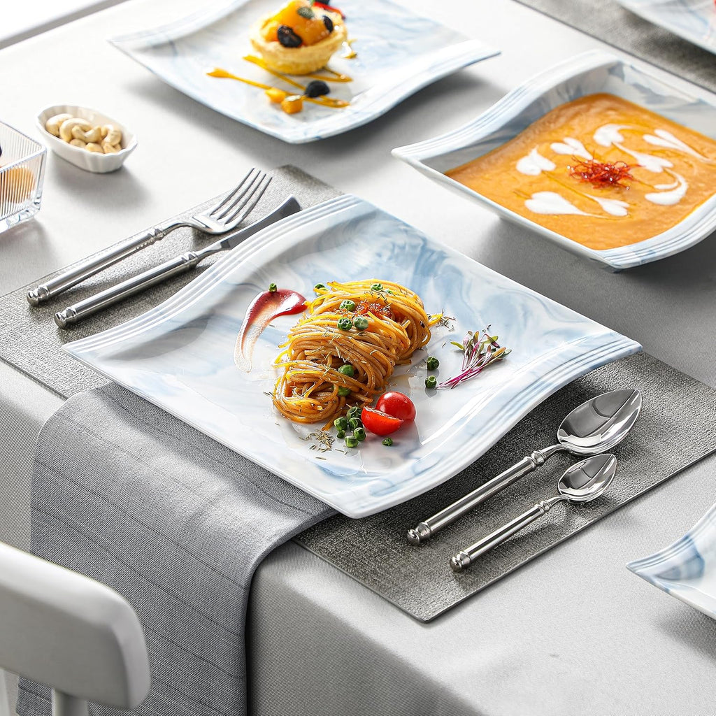 Dinnerware Sets for 6, 30 Piece Porcelain Plates and Bowls Sets, Square Dish Set with Dinner Plate and Bowl