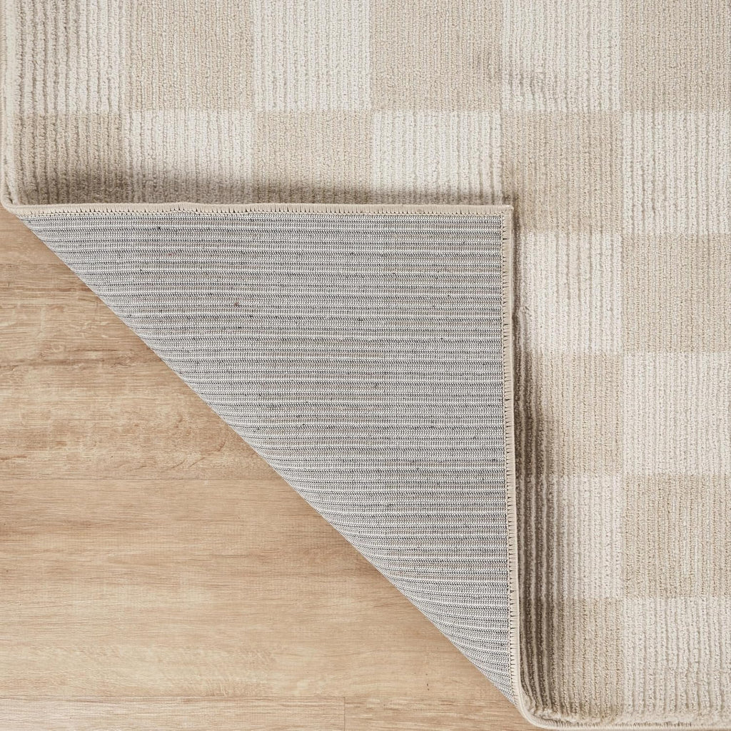 Plush Deco Collection Cream Area Rug - Checkered Pattern, Machine Washable, Non-Shedding, Easy to Clean
