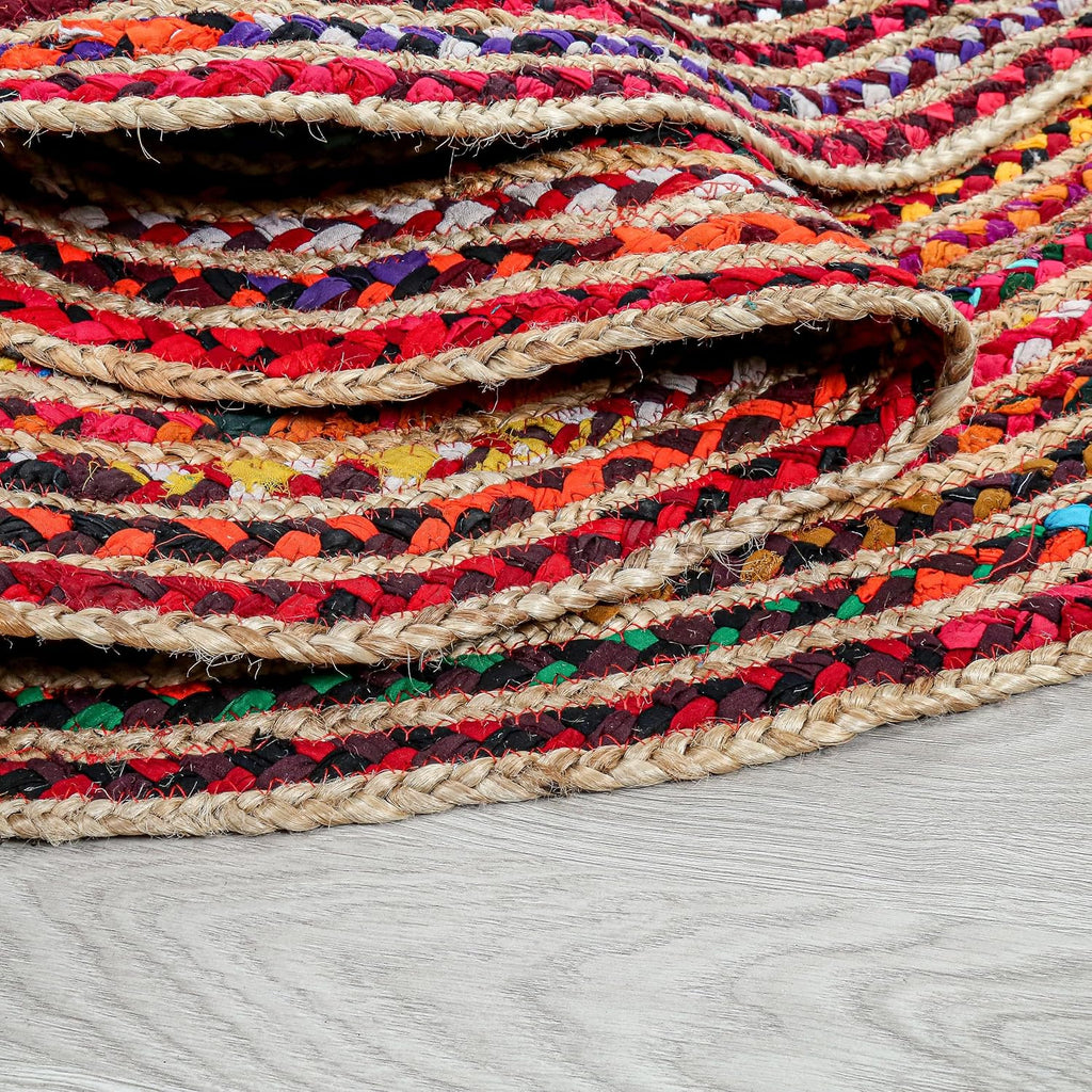 5' Round Handwoven Jute Chindi Area Rug - Colorful Round Boho Rugs | Rugs - Hand Braided Multicolor Bohemian Rug for