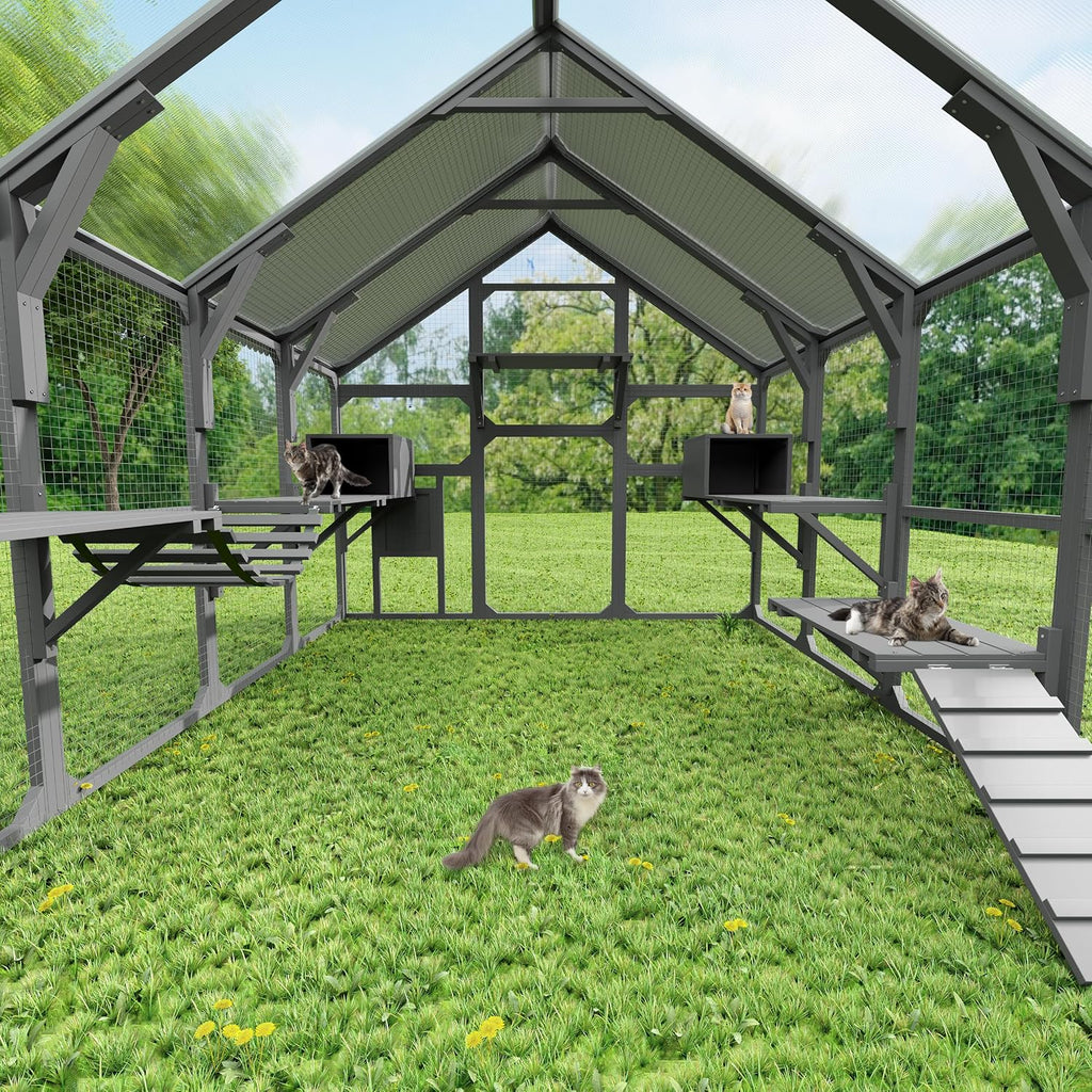 Large Outdoor Catios Enclosure for Multiple Kittens, Wooden Cat House with 7 Platforms, Resting Boxes, Bridge