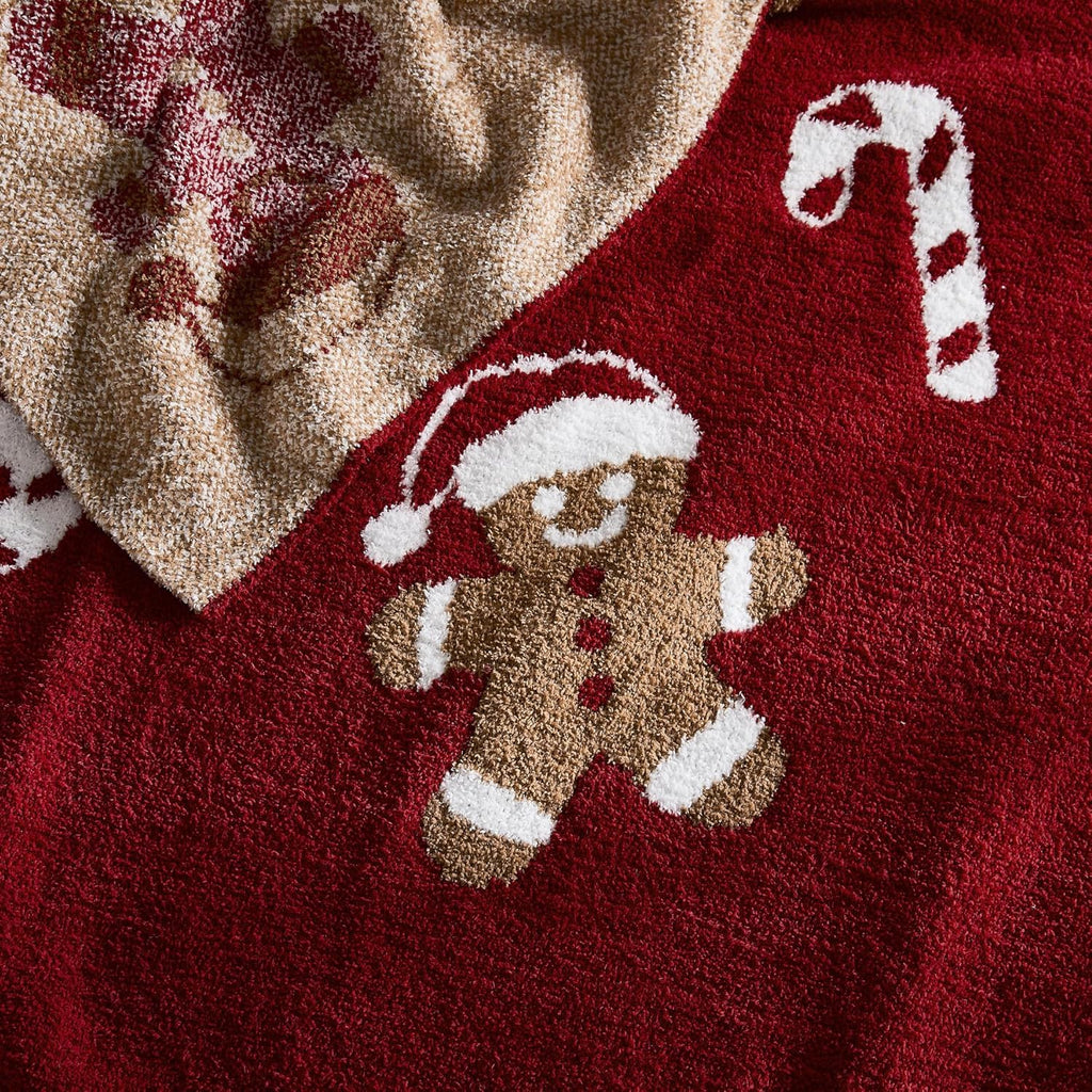 Christmas Throw Blanket Gingerbread Man Reversible Super Soft Knitted Blankets Couch Bed Sofa Microfiber Warm Cozy