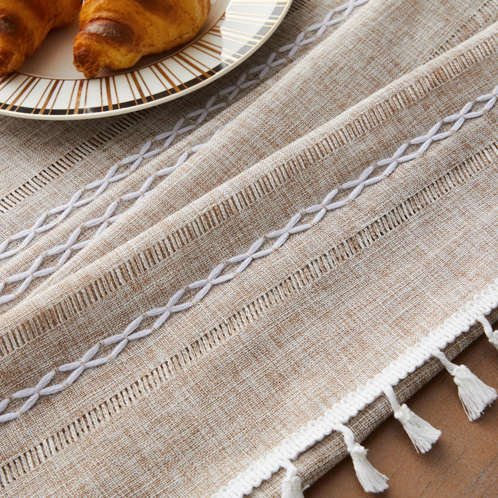 Hemstitched Striped Boho Table Cloth, 60 Inch Round Natural