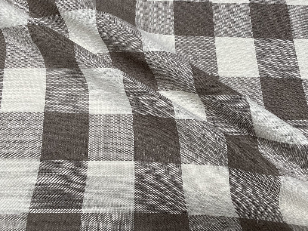 Gingham Linen Checked Fabric Plaid Material Buffalo White Check - 140cm Wide (Sold by the metre) (Taupe Brown & White)