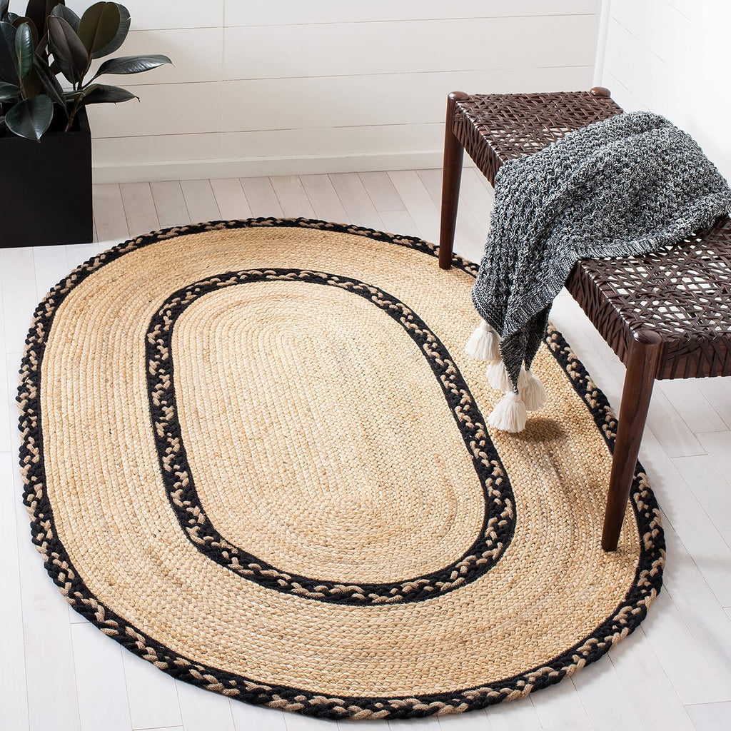 Natural Fiber Collection Area Rug - 4' x 6' Oval, Natural & Black, Handmade Jute, Ideal for High Traffic Areas