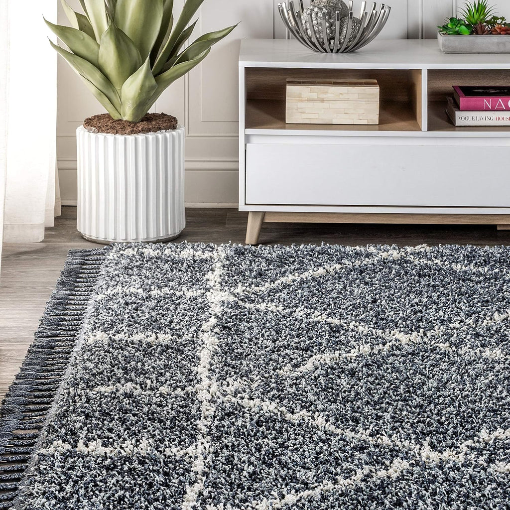 Mercer Shag Plush Tassel Blue/Cream Indoor Area Rug, Moroccan Geometric Trellis, Easy-Cleaning, Pet Friendly