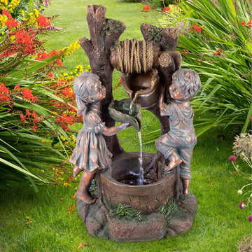 Boy and Girl Outdoor Water Fountain - Cascading Waterfall with Soothing Sounds and 4 LED Lights or Patio by (Antique
