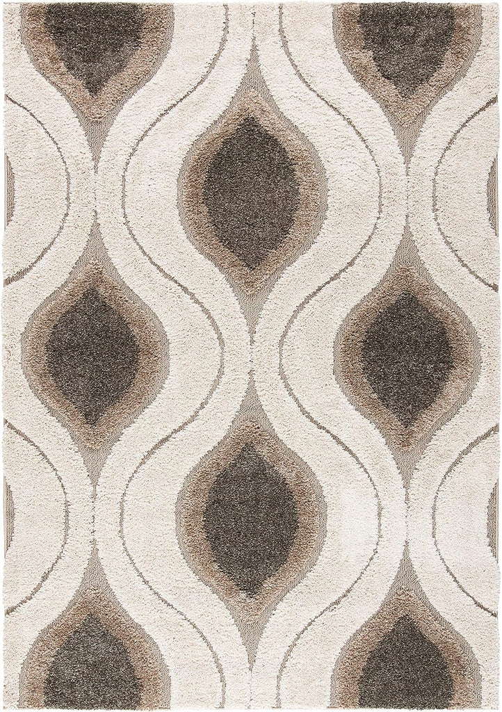 Florida Shag Collection Area Rug - 5'3" x 7'6", Cream & Smoke, Modern Ogee Design, Non-Shedding & Easy Care, 1.2-inch