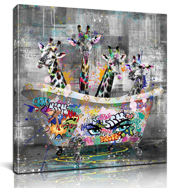 Bathroom Wall Art Funny Giraffes in the Bathtub Graffiti Canvas Wall Art Black and White Wall Art Ready to Hang Size