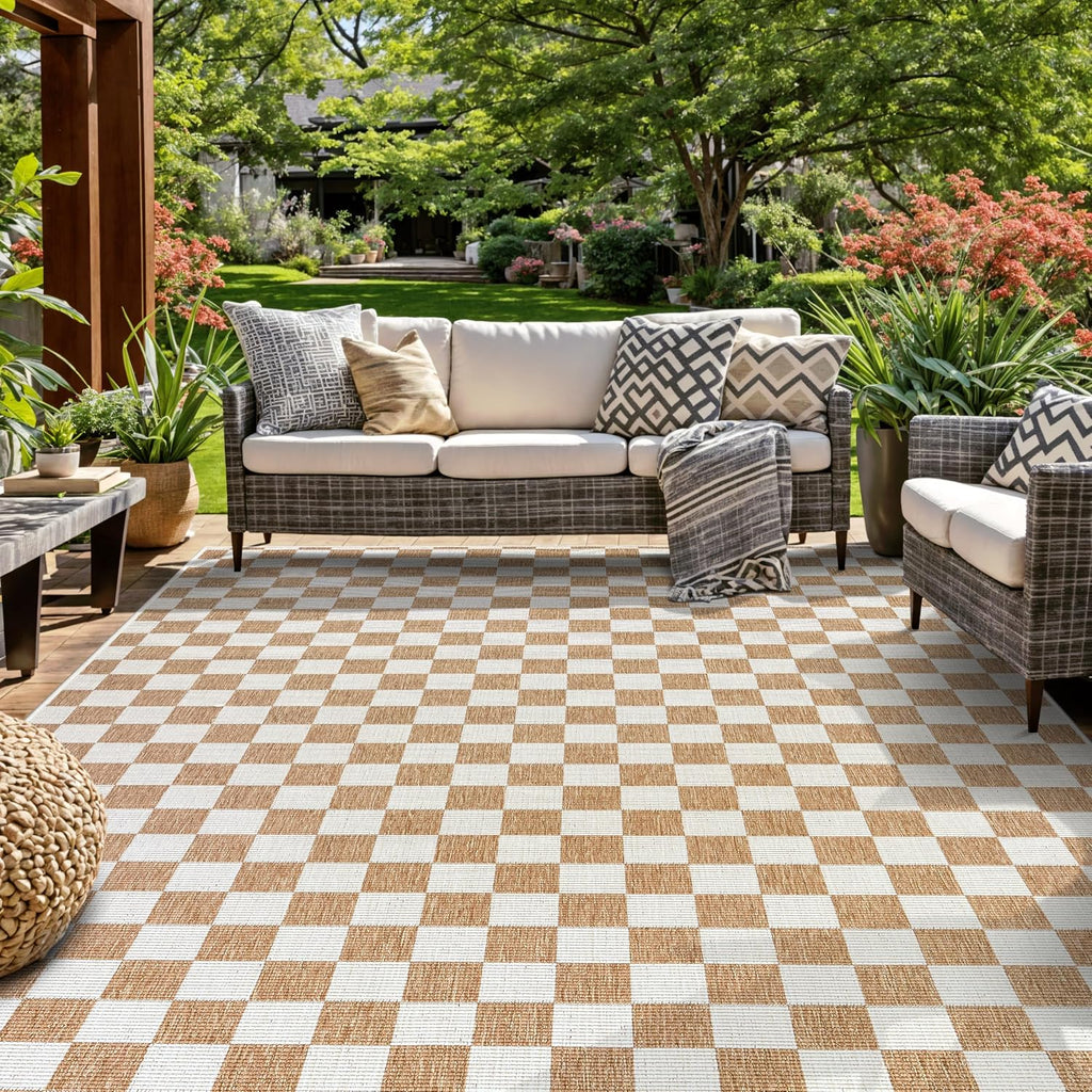 Indoor/Outdoor Checkered Weather Resistant Area Rug Natural