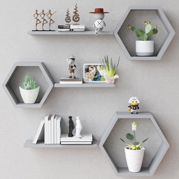 Wooden Hexagon Floating Shelves Wall Mounted, Set of 6 Pine Hexagon Shelves Display for Photos, Plants, Rustic Honeycomb