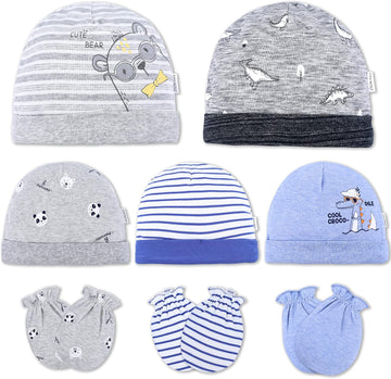 Organic Cotton Baby Mittens and Caps Set - Mittens for Newborn - Ultra Soft, No Scratch - 5 Caps x 3