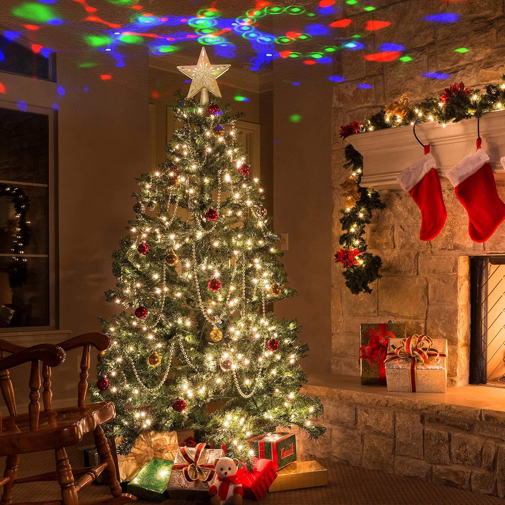 Christmas Star Tree Topper Lighted with Projector, Built-in LED Rotating Lights, Gold 3D Glitter Decorations for Xmas