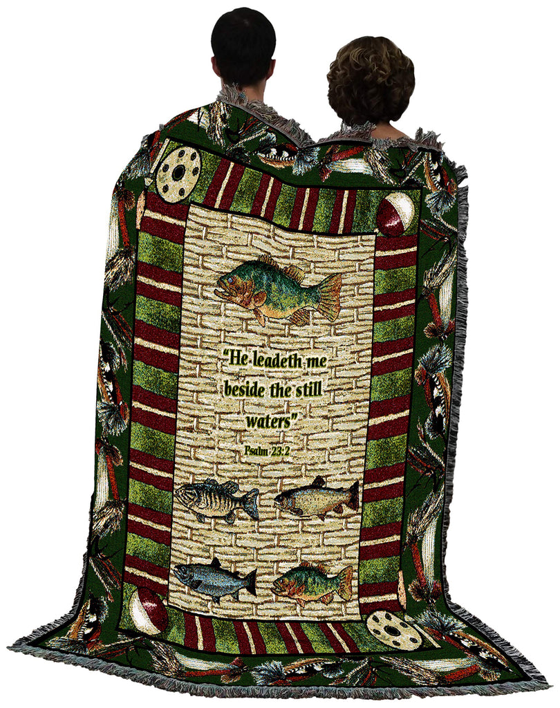 Gone Fishing Psalm Blanket - Scriptures - Psalm 23:2 - Religious Lake Lodge Cabin Gift Tapestry Throw Woven from