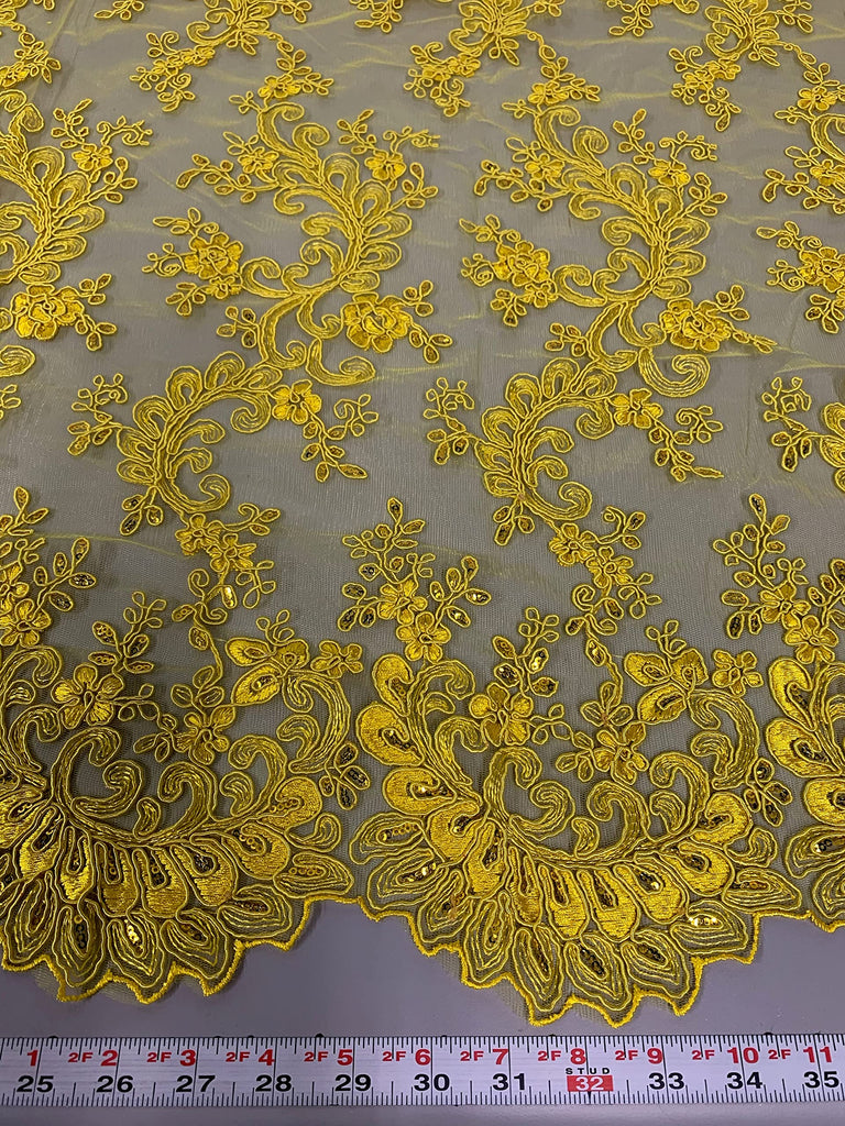 Melody Bright Yellow Polyester Floral Embroidery with Sequins on Mesh Lace Fabric by the Yard for Gown, Wedding