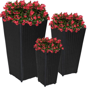 Square Tall Wicker Outdoor Planter, Black, 3pk