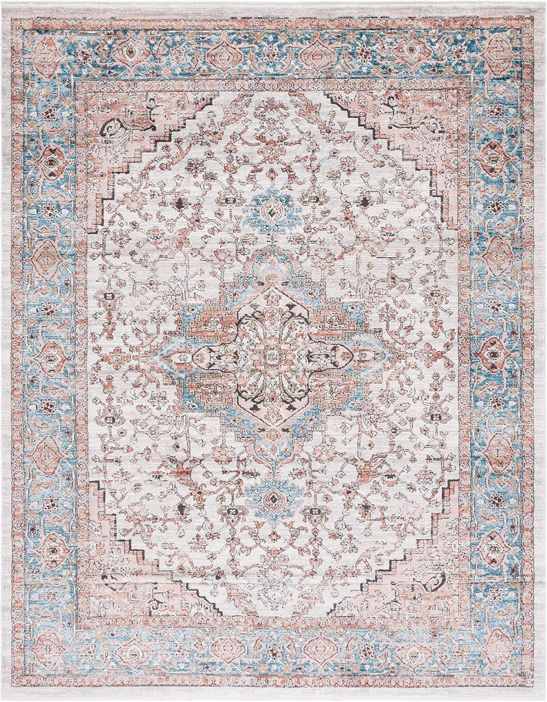 Shivan Collection Area Rug, Grey & Blue, Medallion Distressed Design, Non-Shedding & Easy Care, Ideal for