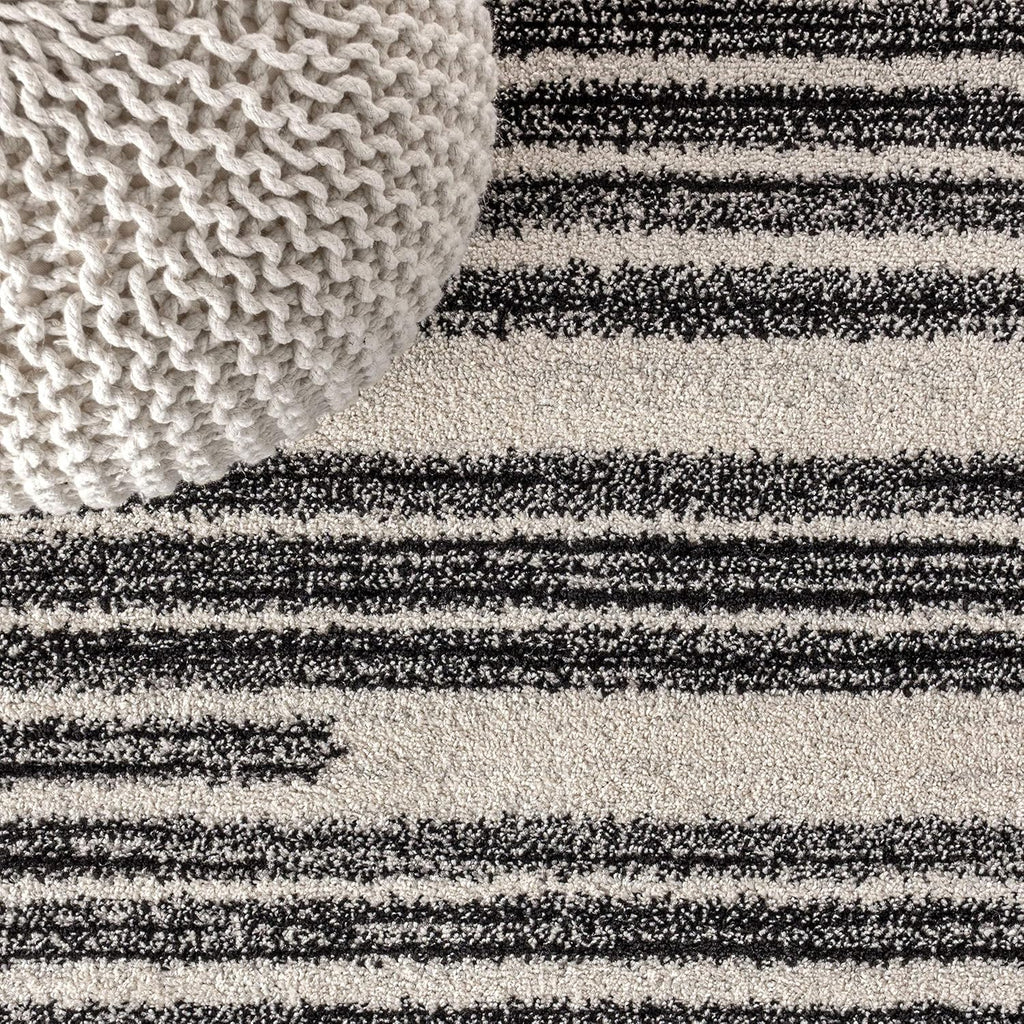 Khalil Modern Berber Stripe Cream/Black Area Rug, 12x15, Contemporary, Bohemian, Easy-Cleaning