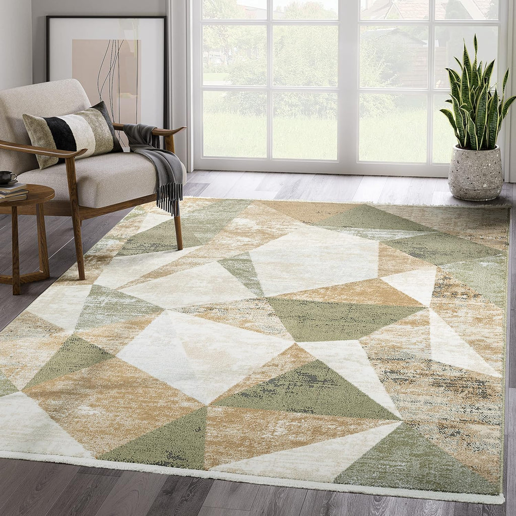 Abani Savoy Collection Area Rug - Green and Cream Geometric Design - 4'x6' - Easy to Clean - Durable for Kids and Pets