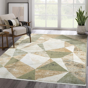 4x6 Savoy Collection Area Rug - Green and Cream Geometric Design - 4'x6' - Easy to Clean - Durable for Kids and Pets