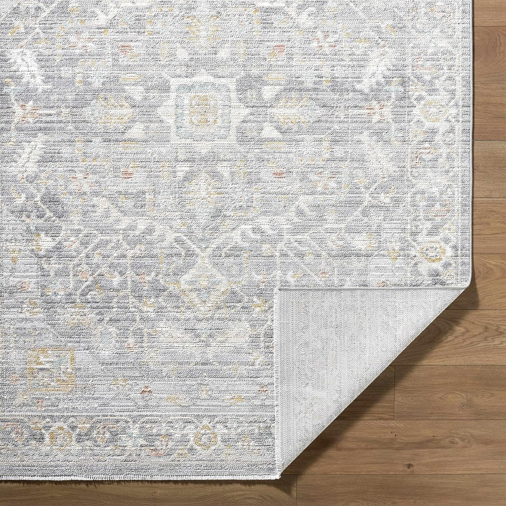 Flavia Machine Washable Area Rug - Medallion Floral Border Distressed Geometric - Traditional Oriental Transitional